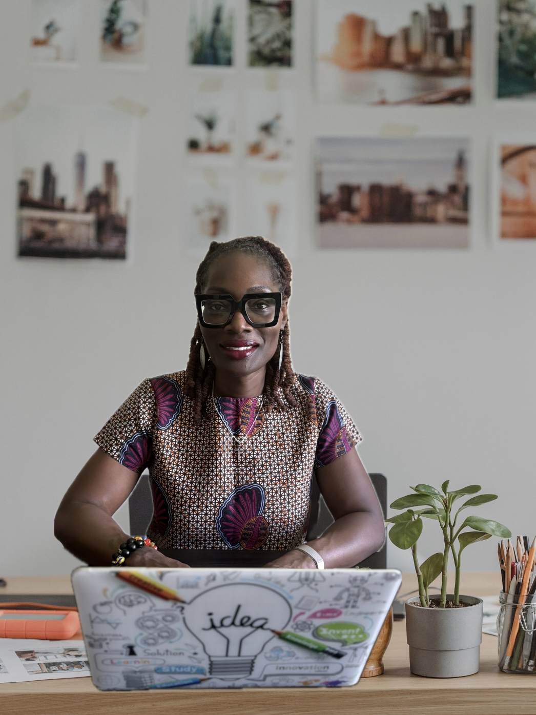 Professional HR consultant Lucy sitting in office setting